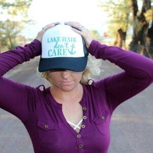 Lake Hair Don't Care Black White Trucker Hat Blue